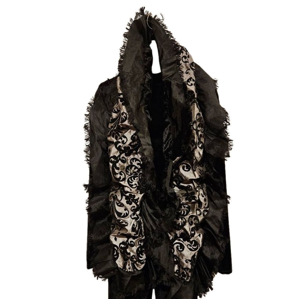 Vintage Reversible Statement Scarf Black Velvet/Gray and Black Pattern